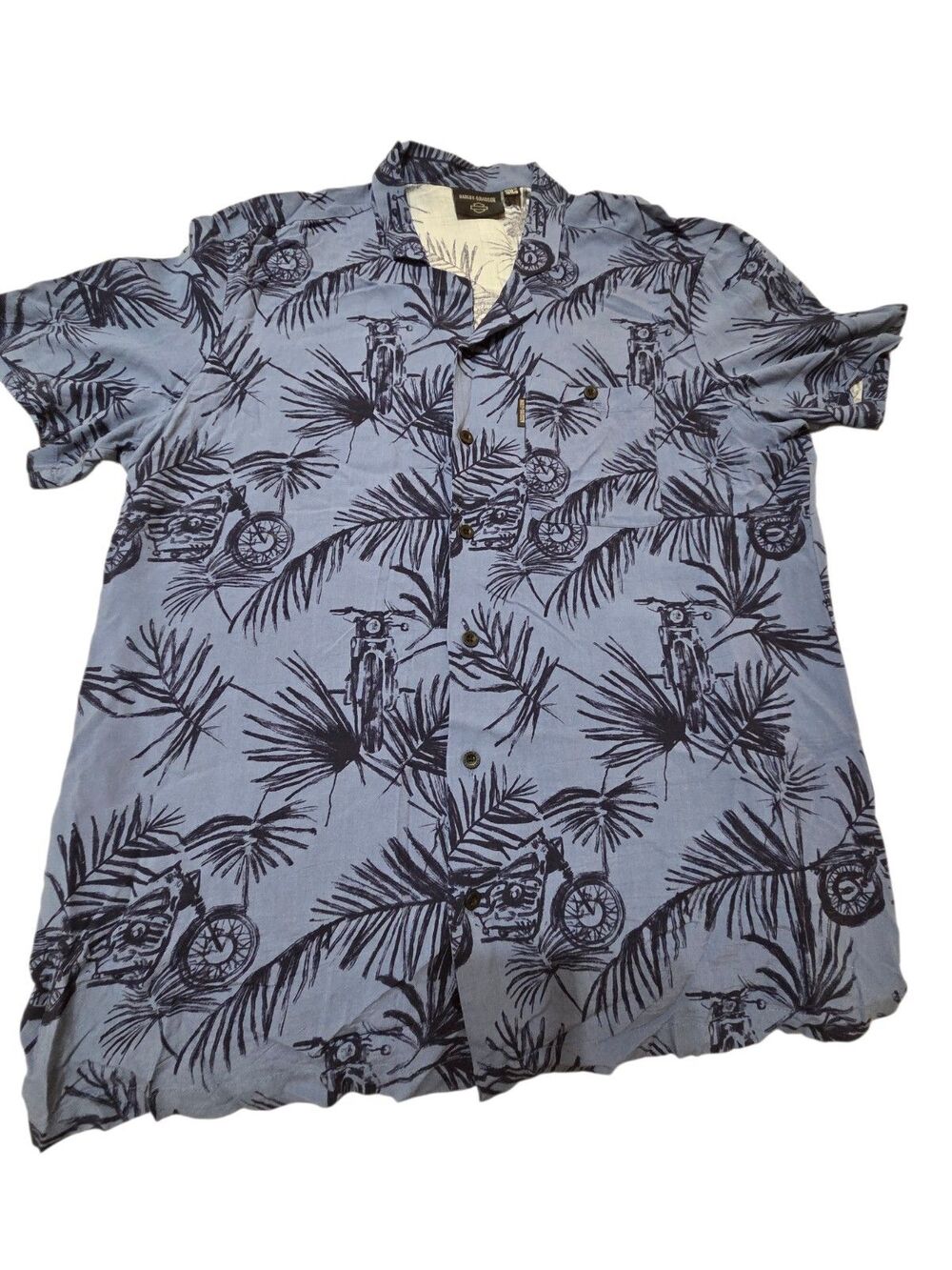 Harley Davidson Hawaiian Button Up Shirt Palm Trees Motorcycles Blue XL J15.2